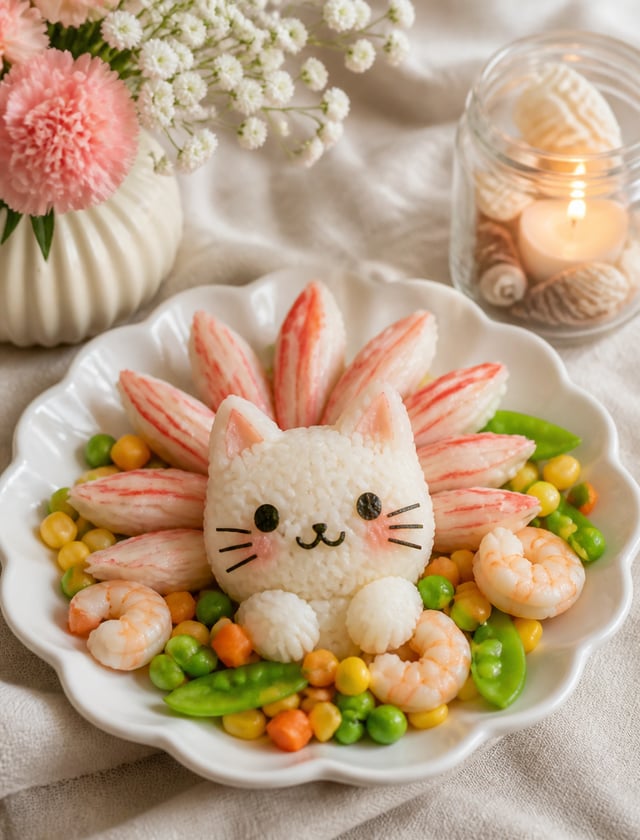 Vertical healing creative food still life photography, white scalloped ceramic plate, rice molded in