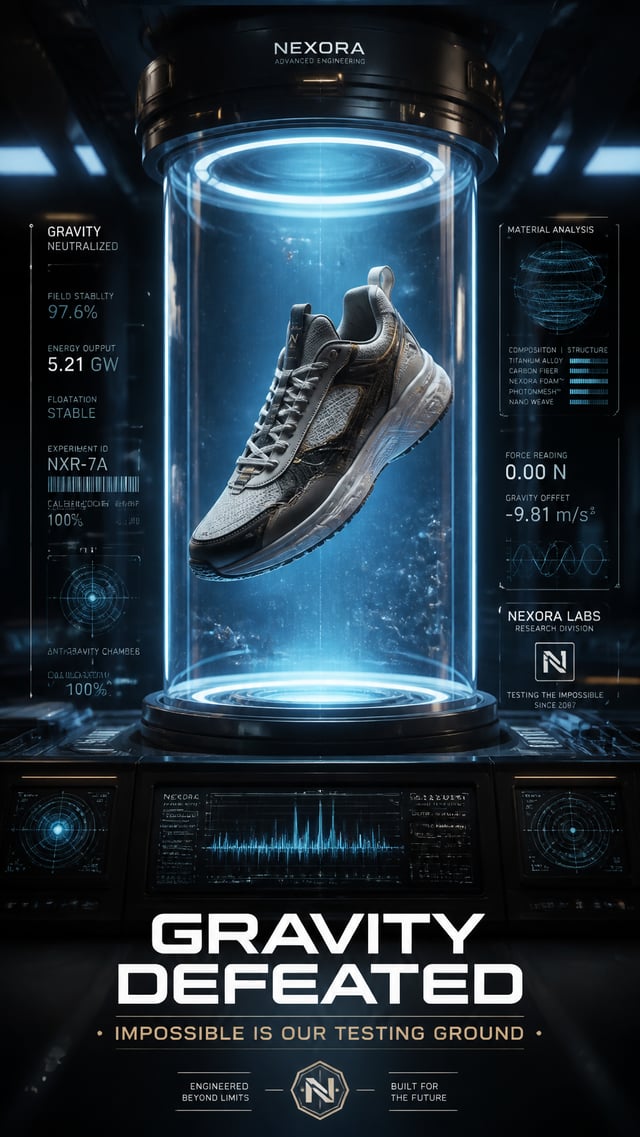 A premium 9:16 sneaker advertising poster.Main Subject:A premium luxury sneaker suspended inside a f