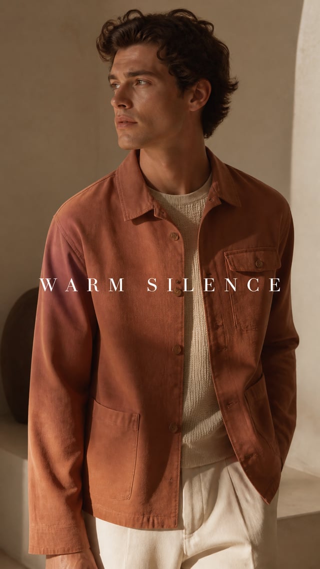 Luxury editorial campaign.Main Subject: Young male model wearing a muted clay overshirt.Creative Dir