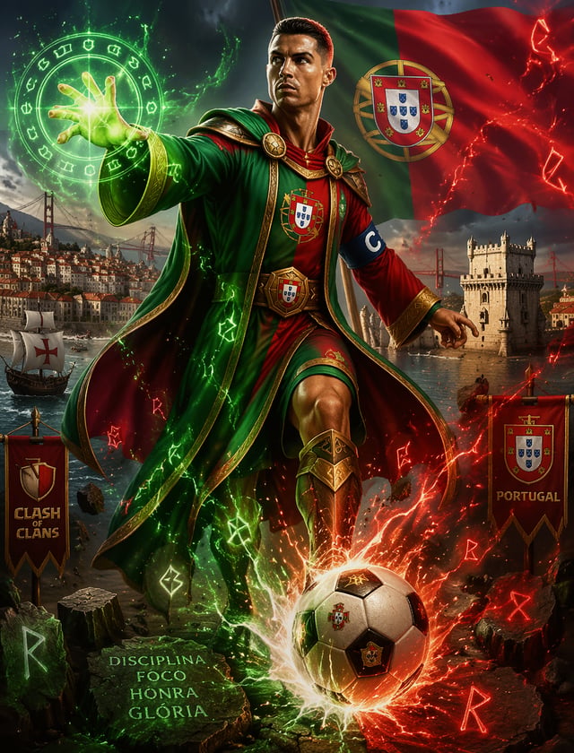 Portugal Clash WizardПортугальский капитан как маг Clash of Clans, зелёно‑красные руны, Лиссабон и ф