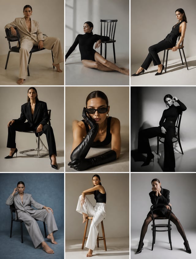 Create a vertical 3:4 fashion editorial moodboard composed of a clean 3x3 grid with thin white divid