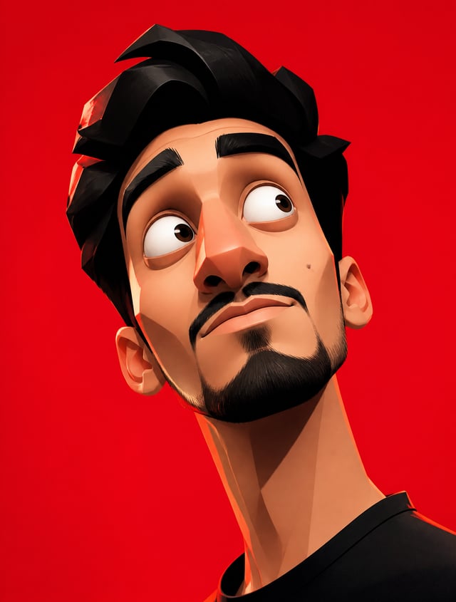 Redraw the uploaded image by converting it into a stylized vector-meets-3D digital caricature illust