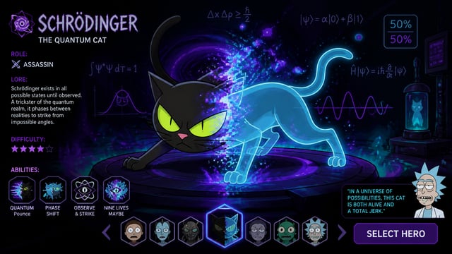 MOBA hero splash art in the style of Rick and Morty adult animated cartoon, quantum cat creature exi