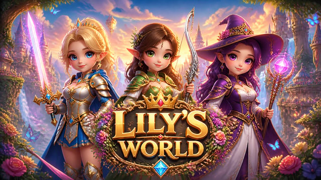 Heroic mobile game poster featuring three charming fantasy girls standing proudly around a luxurious