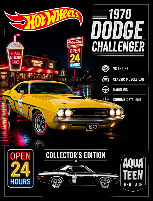 The image is a promotional poster for a Hot Wheels collector's edition of 1970 Dodge Challenger. The