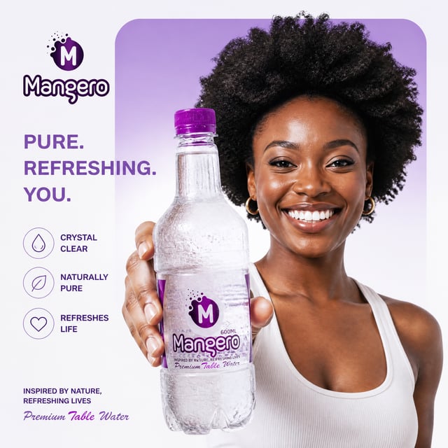 A vibrant commercial portrait features a black smiling woman holding a chilled bottle of mangero bot