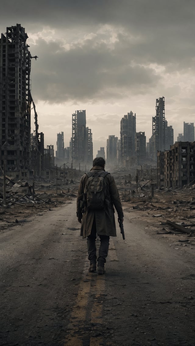A desolate, post-apocalyptic wasteland in the style of Christopher Nolan, a man in the middle of the