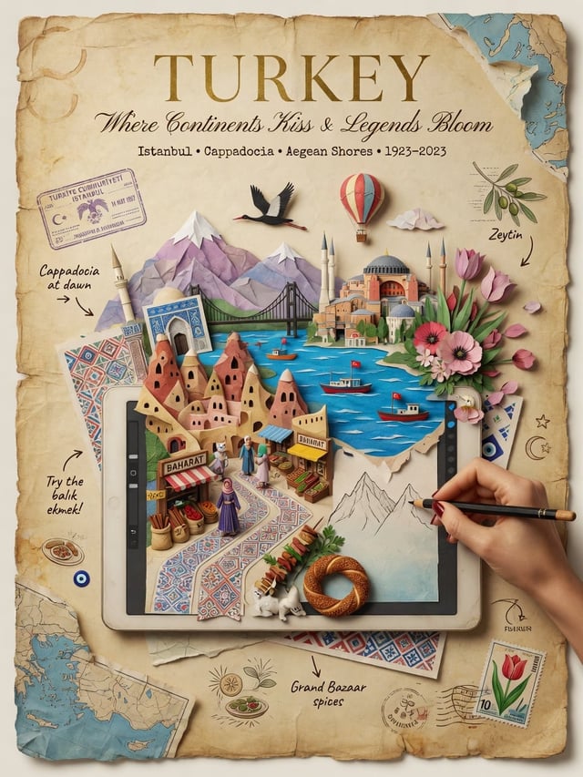 A premium vintage travel poster featuring Turkey with a large tablet placed in the center displaying