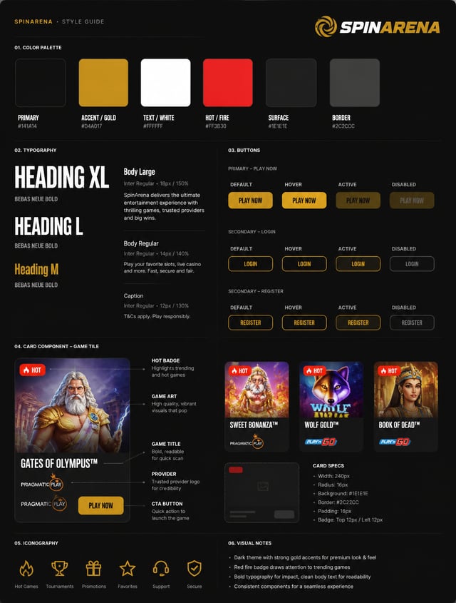 Behance style guide slide for SpinArena: color palette swatches (#141414 background, gold/amber #D4A