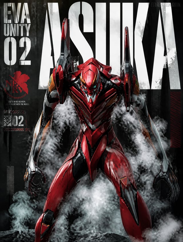 Highly detailed anime illustration of Neon Genesis Evangelion in digital art graphic style, intense 