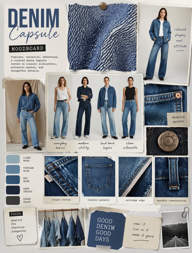 Create a denim capsule moodboard with full-body outfit references, close-up denim texture, stitching