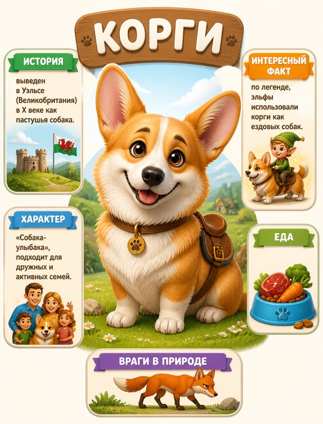 Детская познавательная инфографика в стиле 3D-анимации Pixar. В центре — невероятно милый корги с бо