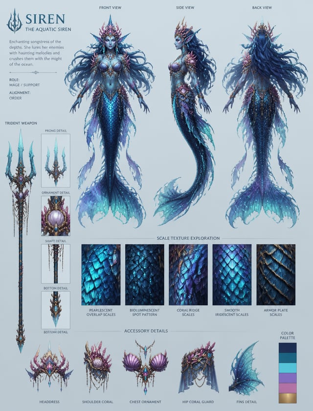 Mermaid SirenCreate a detailed character sheet of an Aquatic Mermaid Siren for a fantasy MOBA. Full 