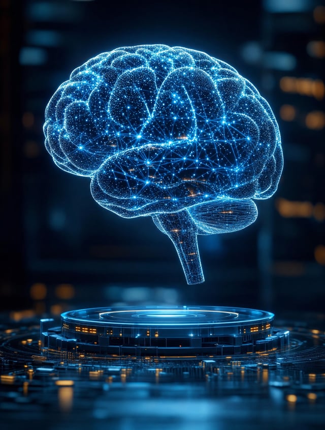 Futuristic artificial intelligence brain concept, glowing digital human brain made of data particles
