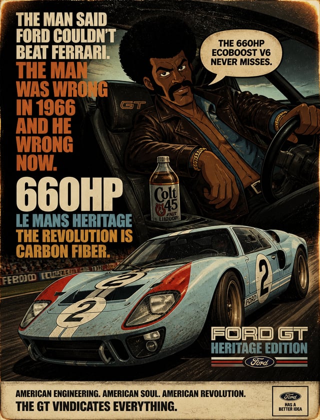 Create a 1970s blaxploitation premium automotive poster of 