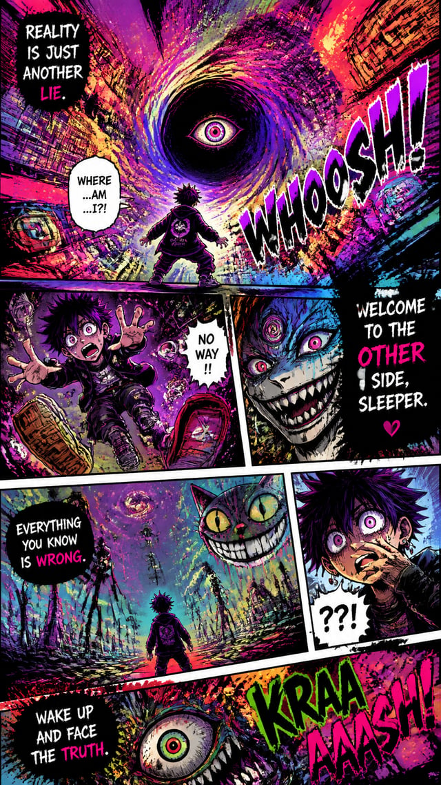 Full-page colored manga illustration of a psychedelic dimension. 5–7 surreal connected panels. Disto