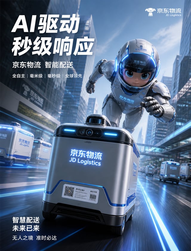 为 京东物流 打造一张超高端广告海报，核心围绕夸张广角透视、超写实智能物流产品细节、定制 3D 卡通无人配送角色，以及真实智慧仓储城市环境。画面需传递科技感、速度、未来感、电影感，并一眼即可识别为全球