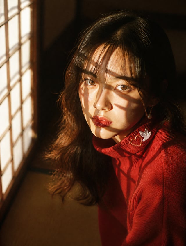 Intimate close-up portrait of a young Japanese woman kneeling near a paper shoji screen, late-aftern