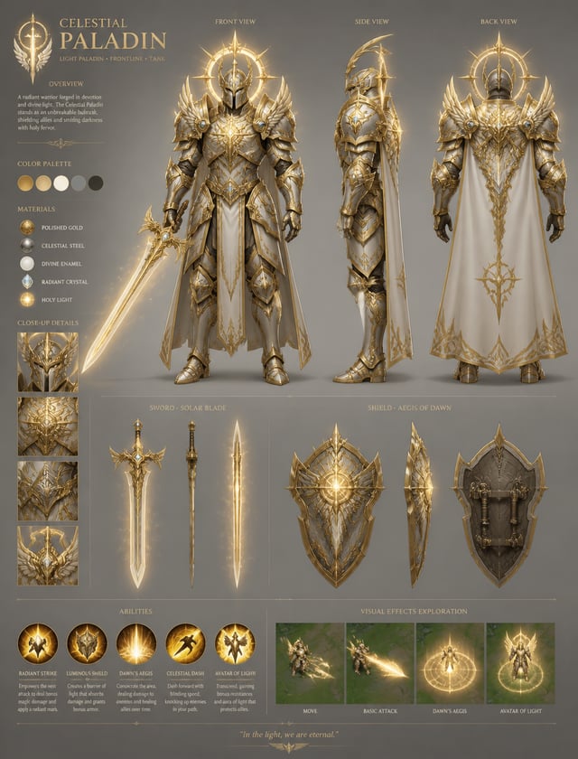 Celestial PaladinCreate a detailed character sheet of a Celestial Light Paladin for a fantasy MOBA. 