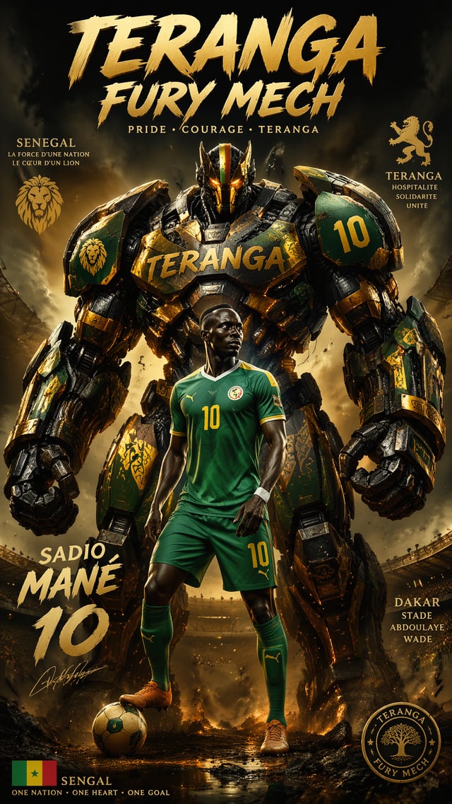 Senegal — Sadio Mané — Teranga Fury Mech “9:16 poster of ‘Teranga Fury Mech’, primal and muscular ro