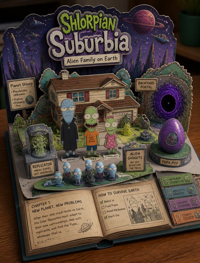 Create a Solar Opposites-themed 3D pop-up papercraft storybook diorama on wooden table, elevated ang