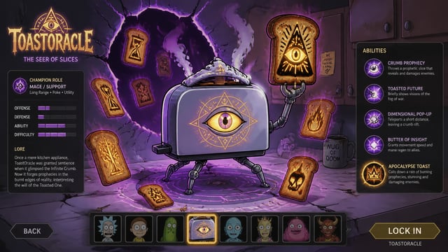 MOBA hero splash art in the style of Rick and Morty adult animated cartoon, sentient chrome toaster 