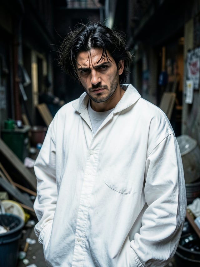 A high-detail photograph of a defiant man posing nonchalantly. he has a messy aesthetic, wearing ove