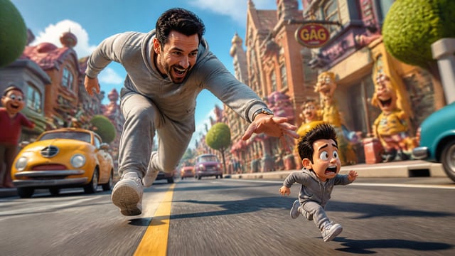 The photorealistic character from the reference image is sprinting at maximum speed, leaning forward