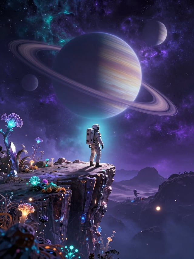 Epic sci-fi concept art of a lone astronaut standing on the edge of a glowing crystalline cliff on a