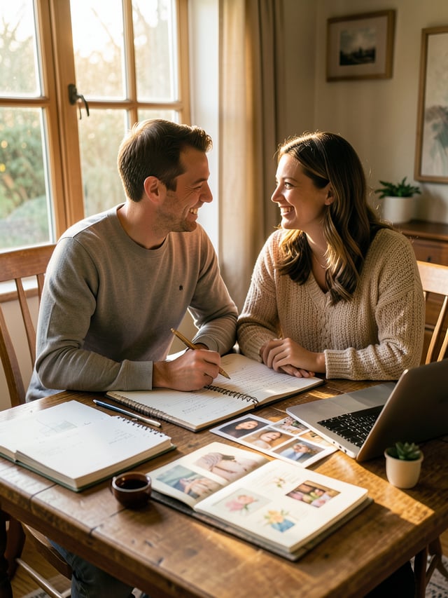 Cinematic, highly realistic 8k photo of a happy engaged couple sitting at a wooden table covered wit