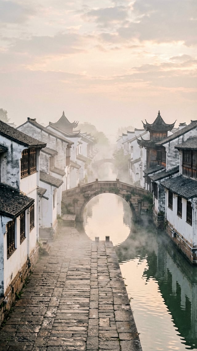 Xitang Ancient Town at dawn is shrouded in a layer of soft and translucent mist, with a faint haze o
