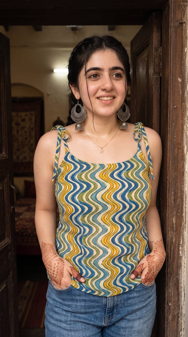 Photorealistic medium portrait of a young South Asian woman standing in a wooden doorway. She wears 