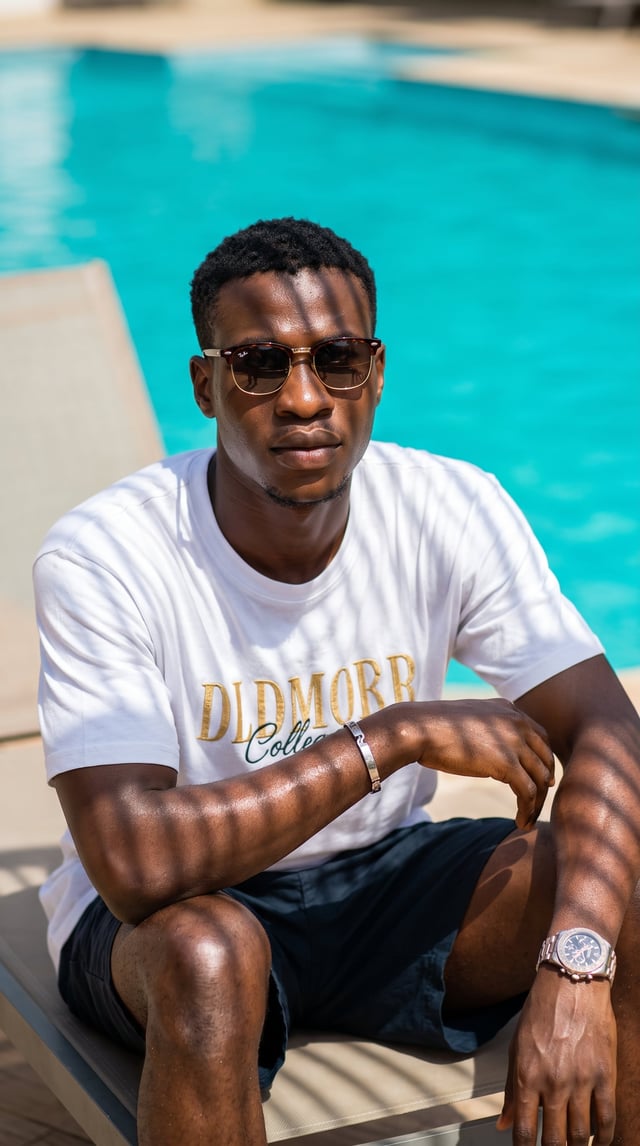 A young Black man sits on a poolside lounge chair, wearing a crisp white graphic t-shirt with gold l