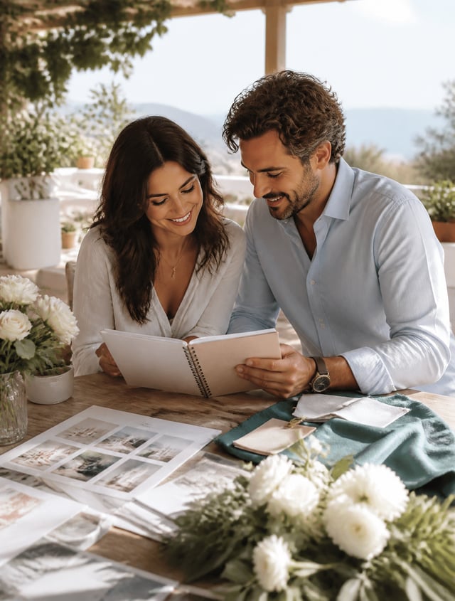 Cinematic, highly realistic 8k photo of a happy engaged couple reviewing a wedding planning notebook