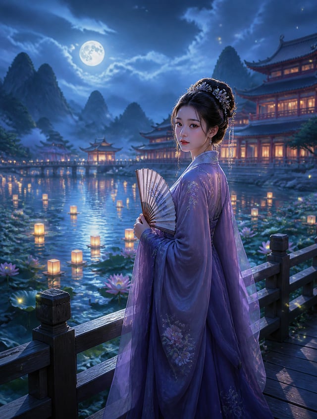 A graceful young woman wearing a deep lavender silk hanfu standing on a wooden bridge over a lotus p