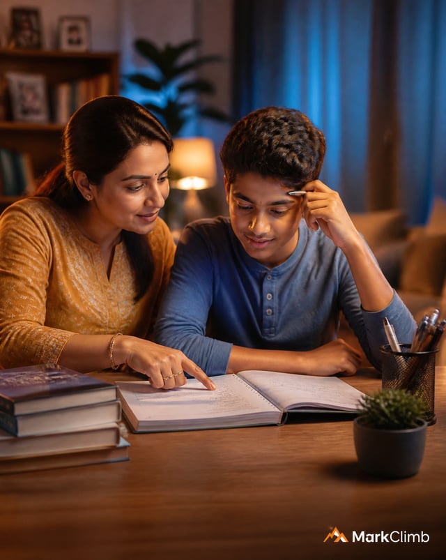 A warm, well-lit Indian living room. A mother sitting beside her child (Class 8-9 age) at a study ta