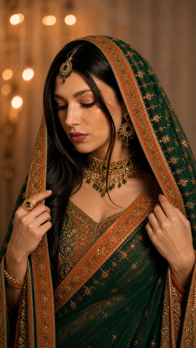 Veil AdjustmentBody: 45° angle.Hands: Dono haath se dupatta halka sa adjust karte hue.Face: Neeche d