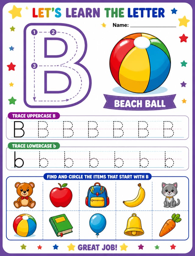 A vibrant educational worksheet for children features a large, purple-outlined uppercase "B" with nu