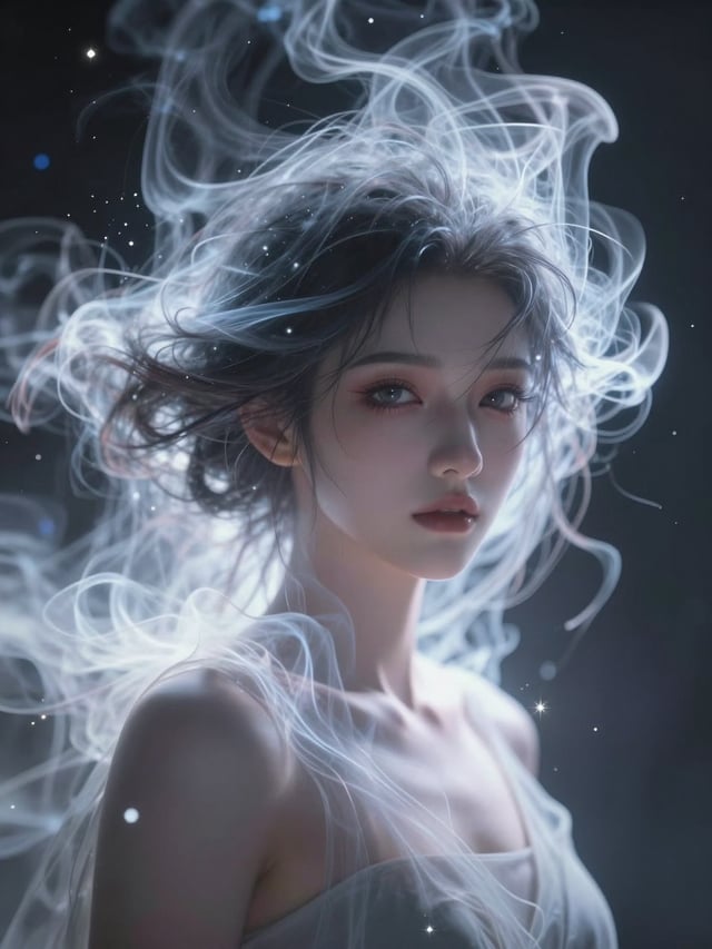 ((masterpiece)), anime-style portrait, upper body, woman with hair dissolving into ethereal abstract