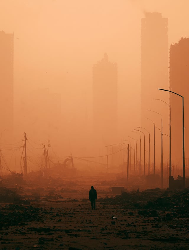 A desolate, post-apocalyptic wasteland in the style of Christopher Nolan