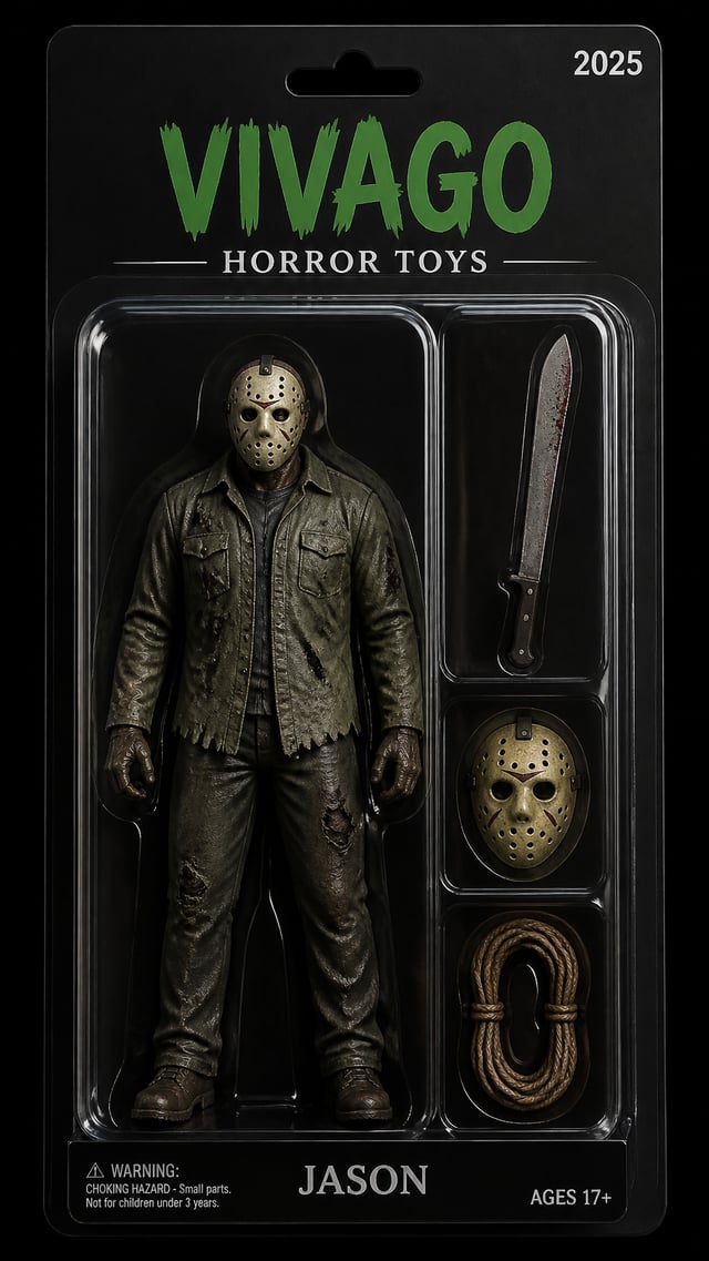A premium collectible action figure of Jason from horror movies, standing in a menacing pose, encase