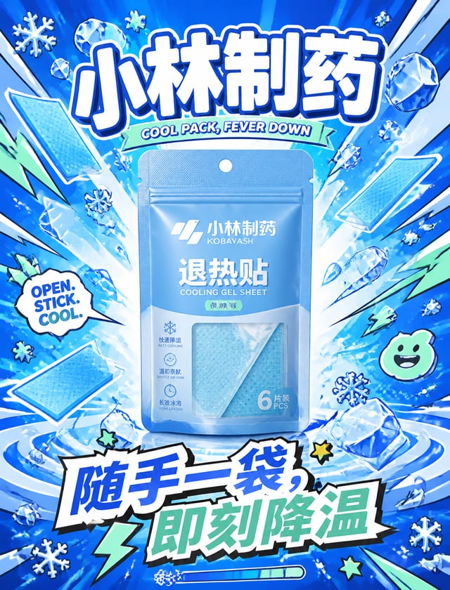 请生成一张超饱和活力的小林制药退热贴商业海报。画面正中央放置一袋高度逼真的小林制药退热贴便携袋装——迷你自立袋，自封拉链，冰蓝主色哑光袋面，白色品牌标识，透明视窗展示蓝色退热贴，高级光泽印刷，商业级产