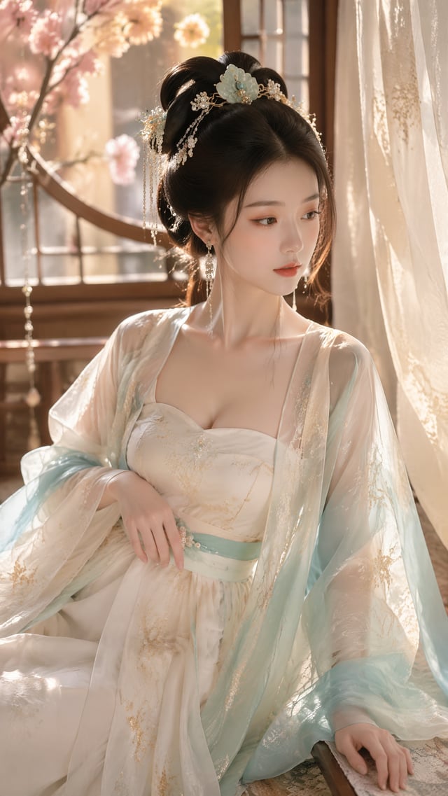 古风贵女写真，海棠花影映入花窗，暖白日光与纱帘交织，营造柔和朦胧氛围，大半身近景，9:16，人物为高门贵女，温柔、清贵、娴静，坐姿轻侧身，一只手自然扶住腰间披帛，另一只手轻触榻边，水青玉白与少量浅金混