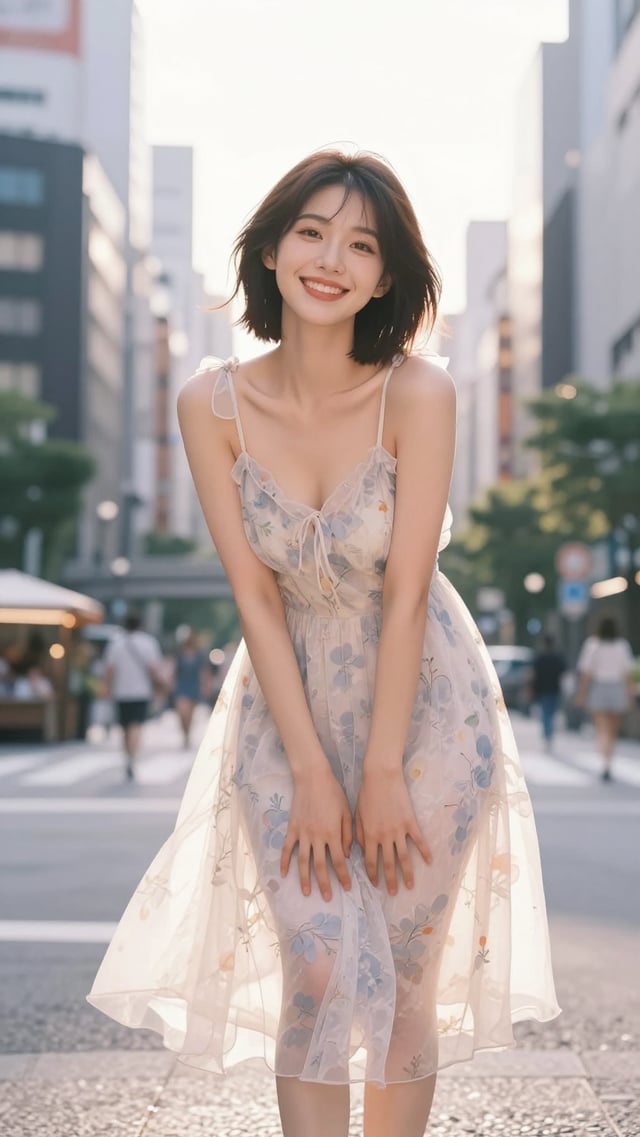 日本东京，当地最具代表性的城市景观或地标前，傍晚金色逆光或柔和自然光。一位明显成年的中国清新感时尚网红女性站在前景，短发，甜美灿烂的微笑，面对镜头微微弯腰，双手轻触膝盖，姿态自然、亲切、明亮，像旅行写