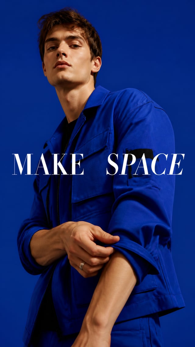 Premium editorial campaign.Main Subject: Young male model wearing a vivid cobalt utility jacket.Pose
