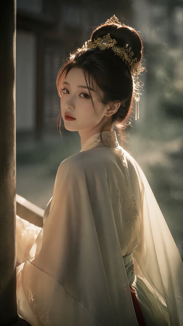 一位身着精致汉服的中国古典美女，面容清雅脱俗，肤如凝脂，眼神含蓄而深邃，发髻间点缀着古法金丝嵌玉步摇，丝绸质感的衣料在光线下呈现出细腻的光泽，衣褶自然垂坠，细节考究。