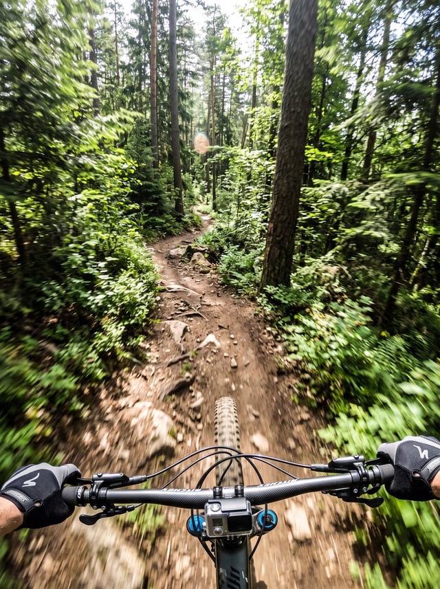 First-person mountain biking shot on a narrow dirt trail through a green forest, handlebars visible,