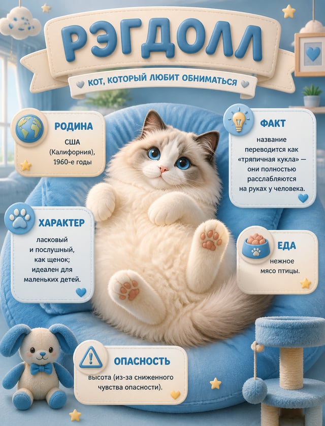 Детская инфографика-сказка в стиле Pixar 3D. Очаровательный кот породы рэгдолл с пушистой светлой ше