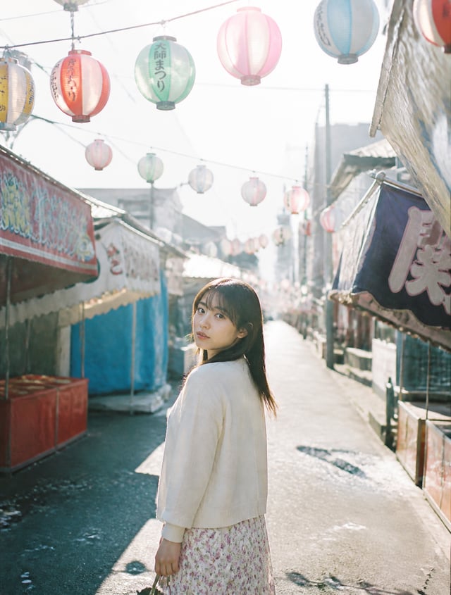 A beautiful Japanese woman walking through an empty festival street the morning after a summer matsu