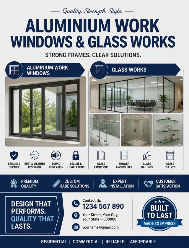 Create a poster for shop that includes alluminium work windows and glass works